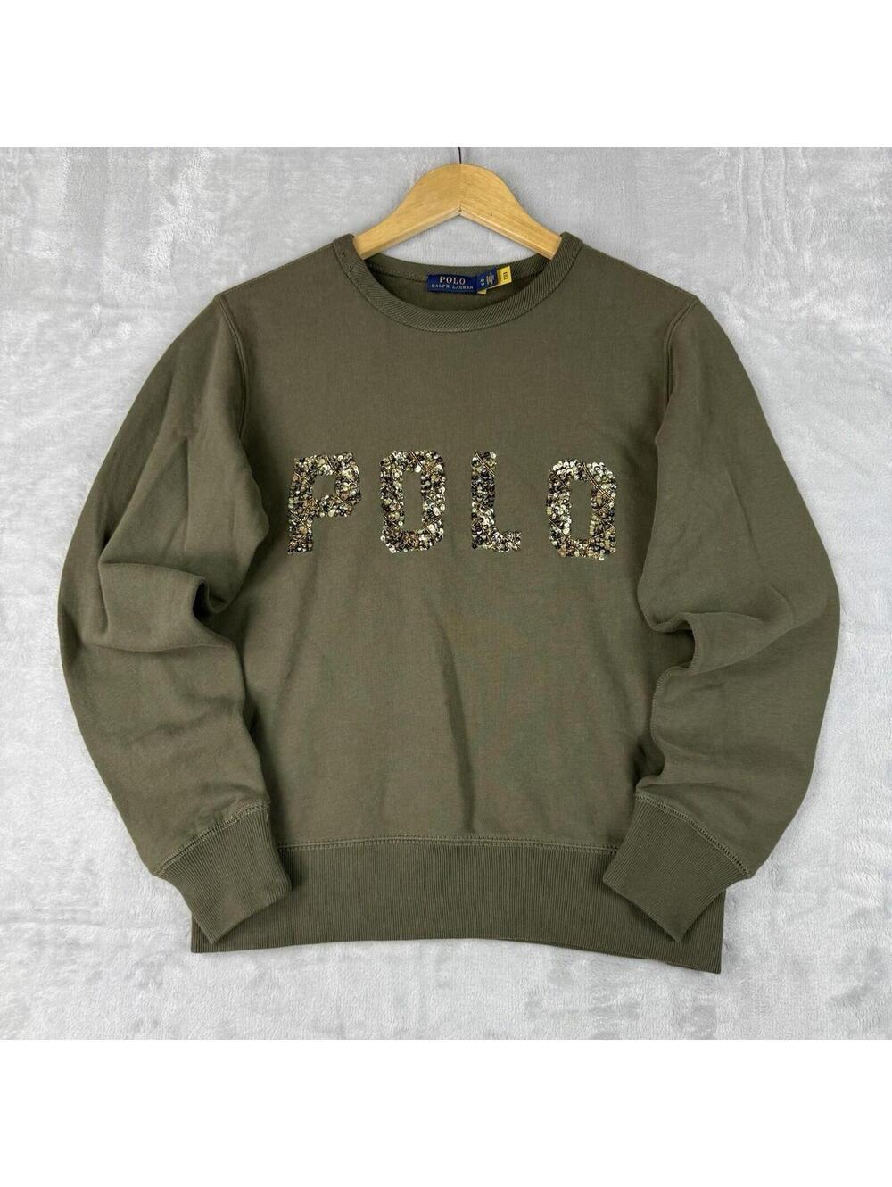 Polo Ralph Lauren Sweatshirt Olive Sequin Logo Crewneck Pullover Women XS Preppy - Picture 2 of 9